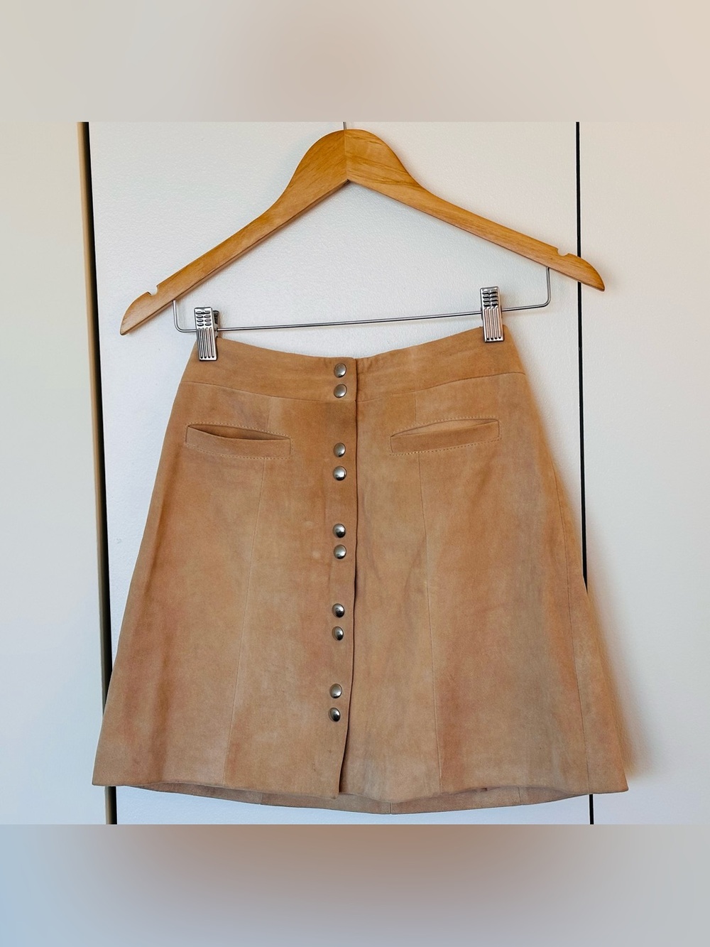 Intermix Brown Suede A-line Mini Skirt with Metal Buttons - Size P